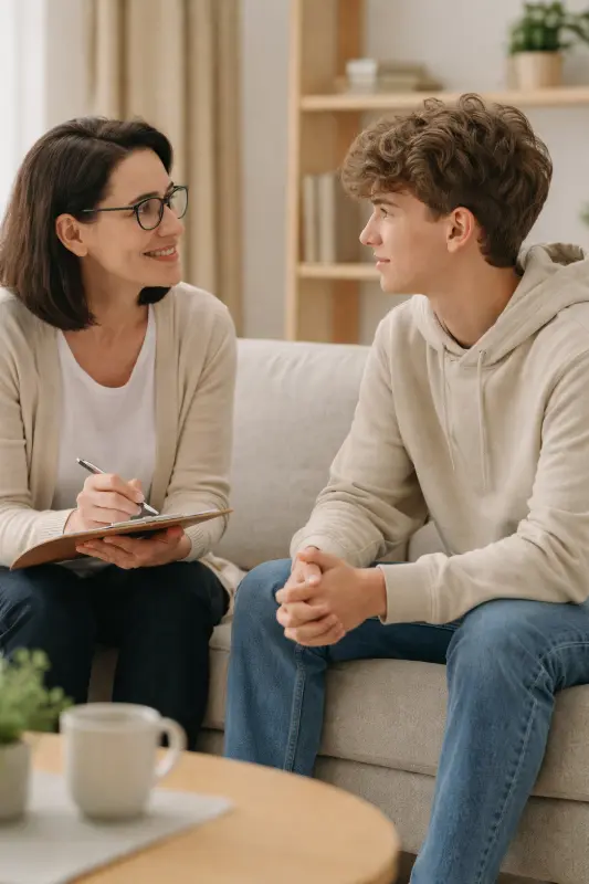 A mental health professional reviewing a patient's symptoms during a psychological evaluation in a clinical setting.